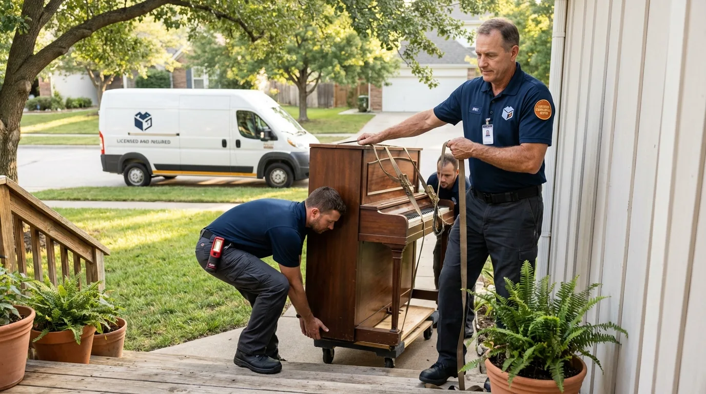 Licensed piano movers securing grand piano in Dudley, MA