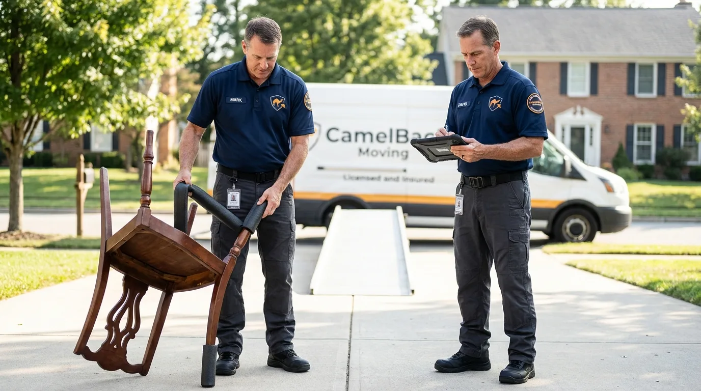 Movers inspecting furniture for damage prevention before loading in Dudley, MA