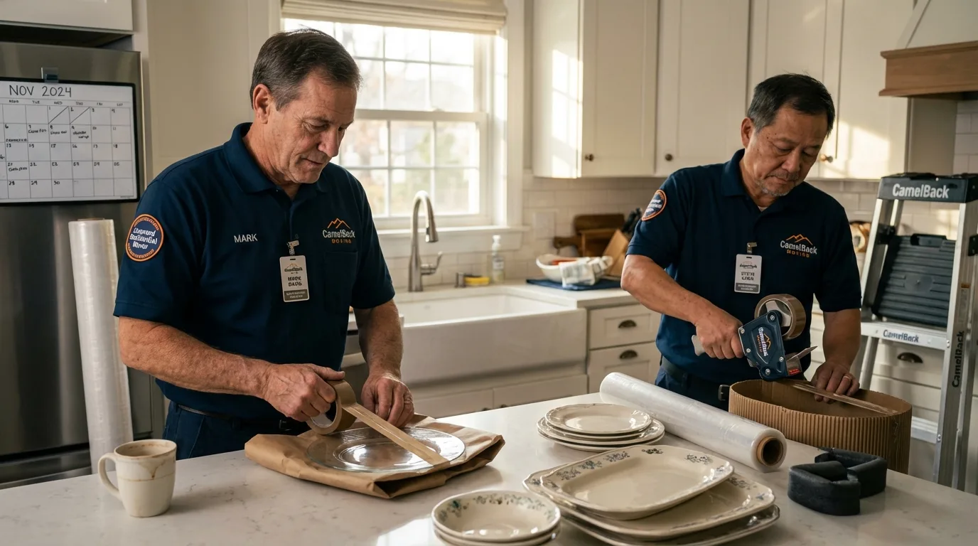 Professional crew packing kitchen dishware in Dudley, MA